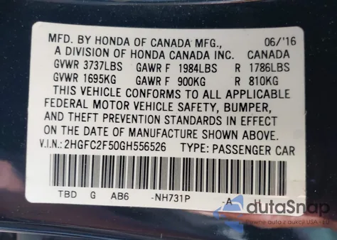 2016 Honda Civic Lx из США, поврежденный, VIN 2HGFC2F50GH556526